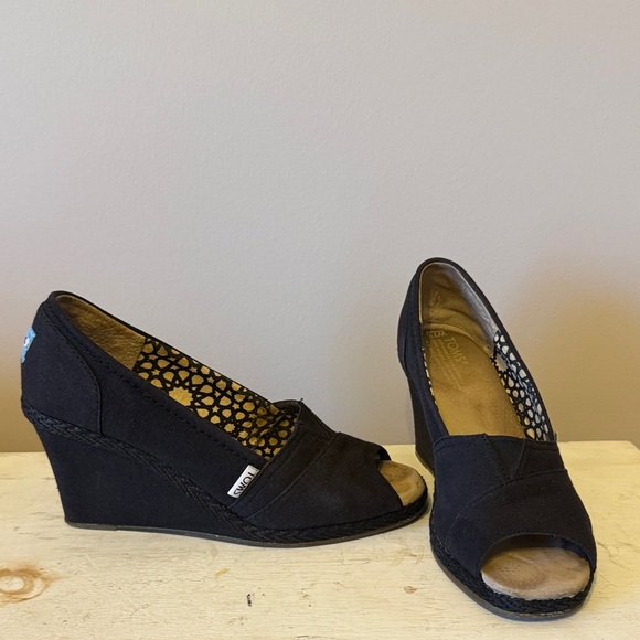 Toms Shoes - TOMS Black Canvas Peep-Toe Wedges with Patterned Lining